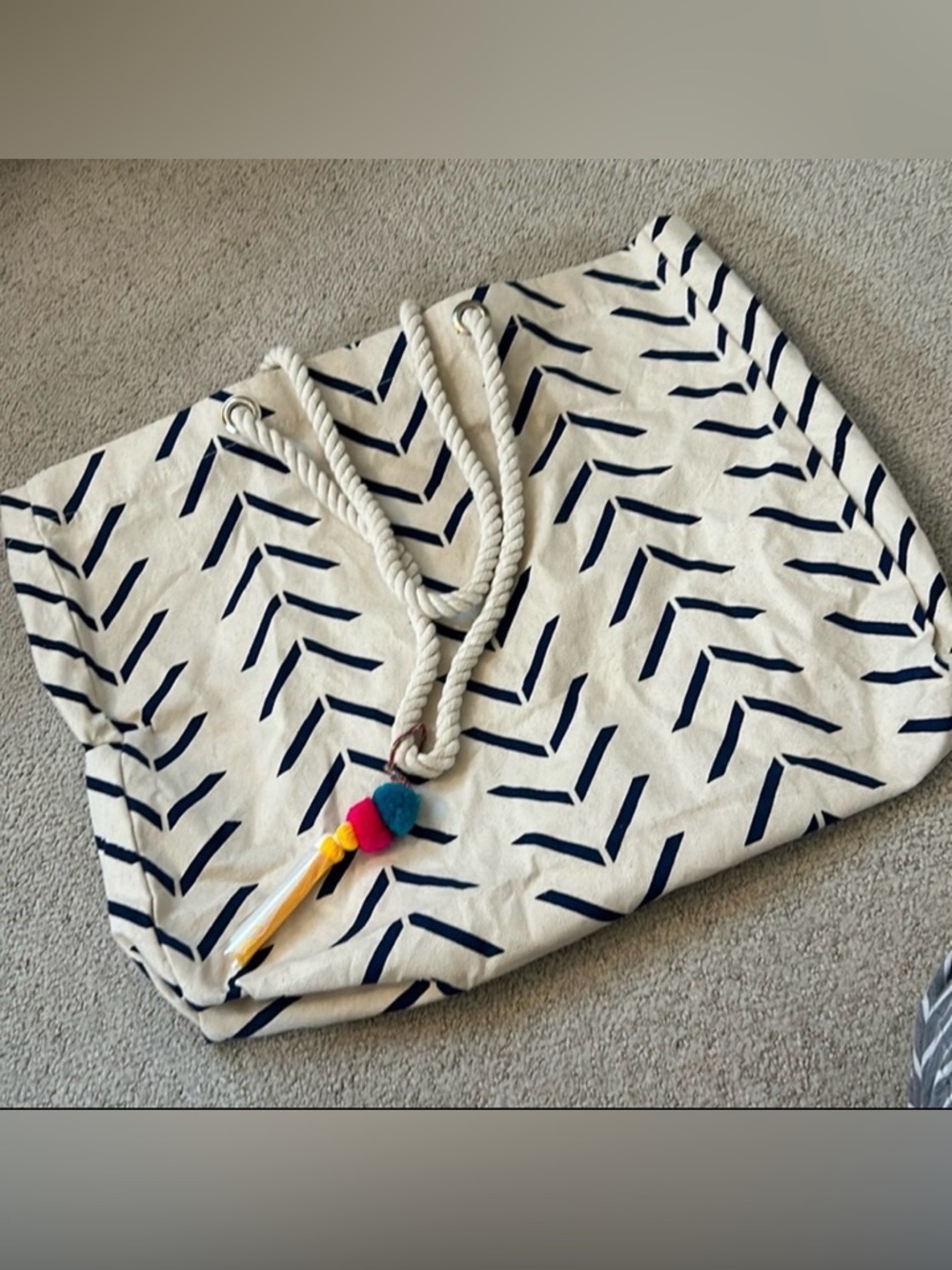 😀😀😀 Ecolo Canvas Beach Tote NWT Cream Navy Tassel Large Summer Bag